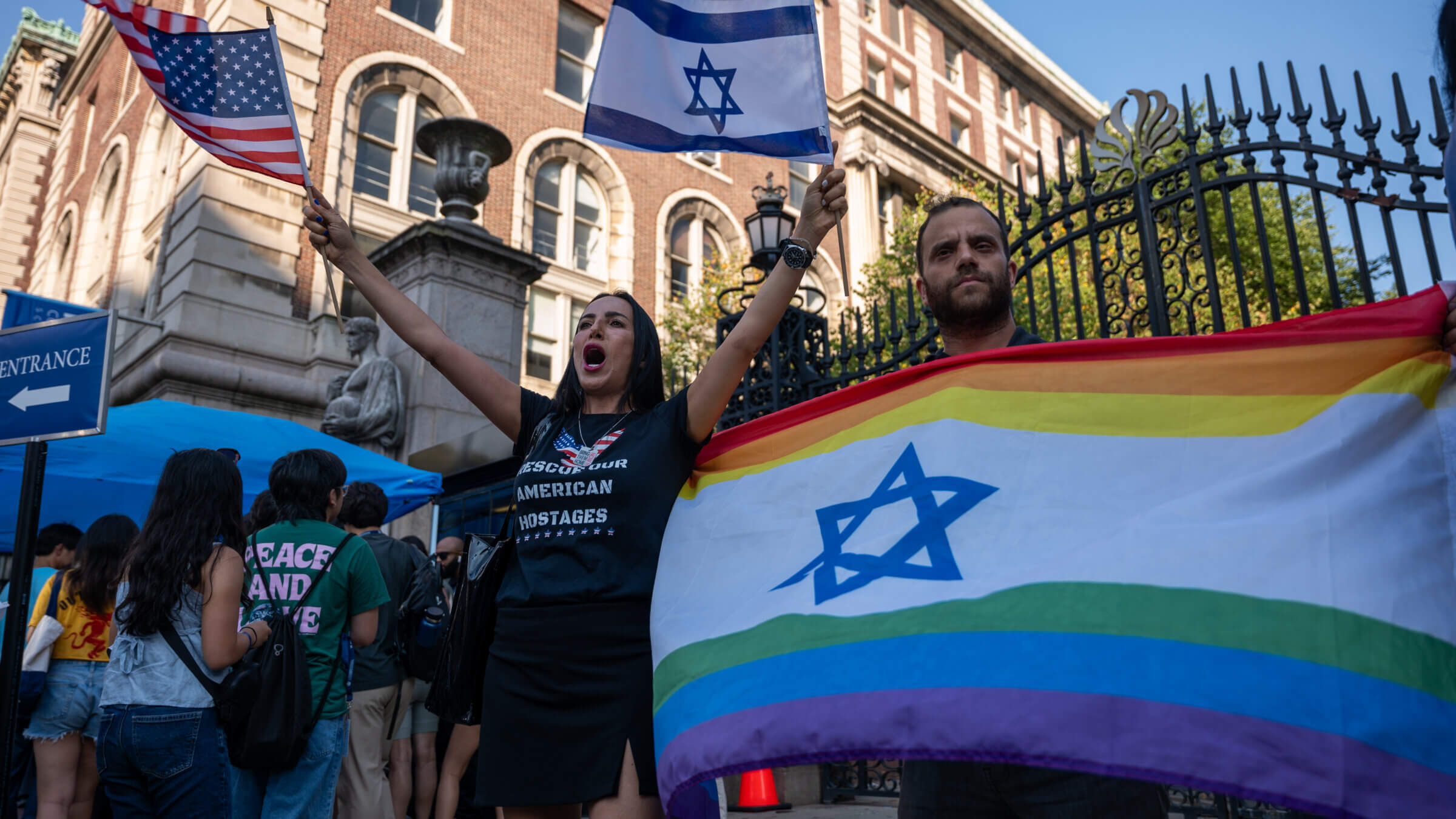 A small group of pro-Israel demonstrators gather in front of Columbia University in August to hold an "Unmask Campus Hate" protest at the start of the academic year in New York City.