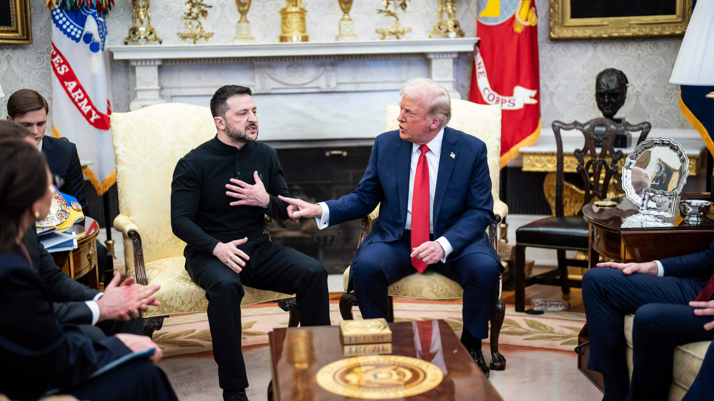 Donald Trump meets with Ukrainian President Volodymyr Zelenskyy in the Oval Office.