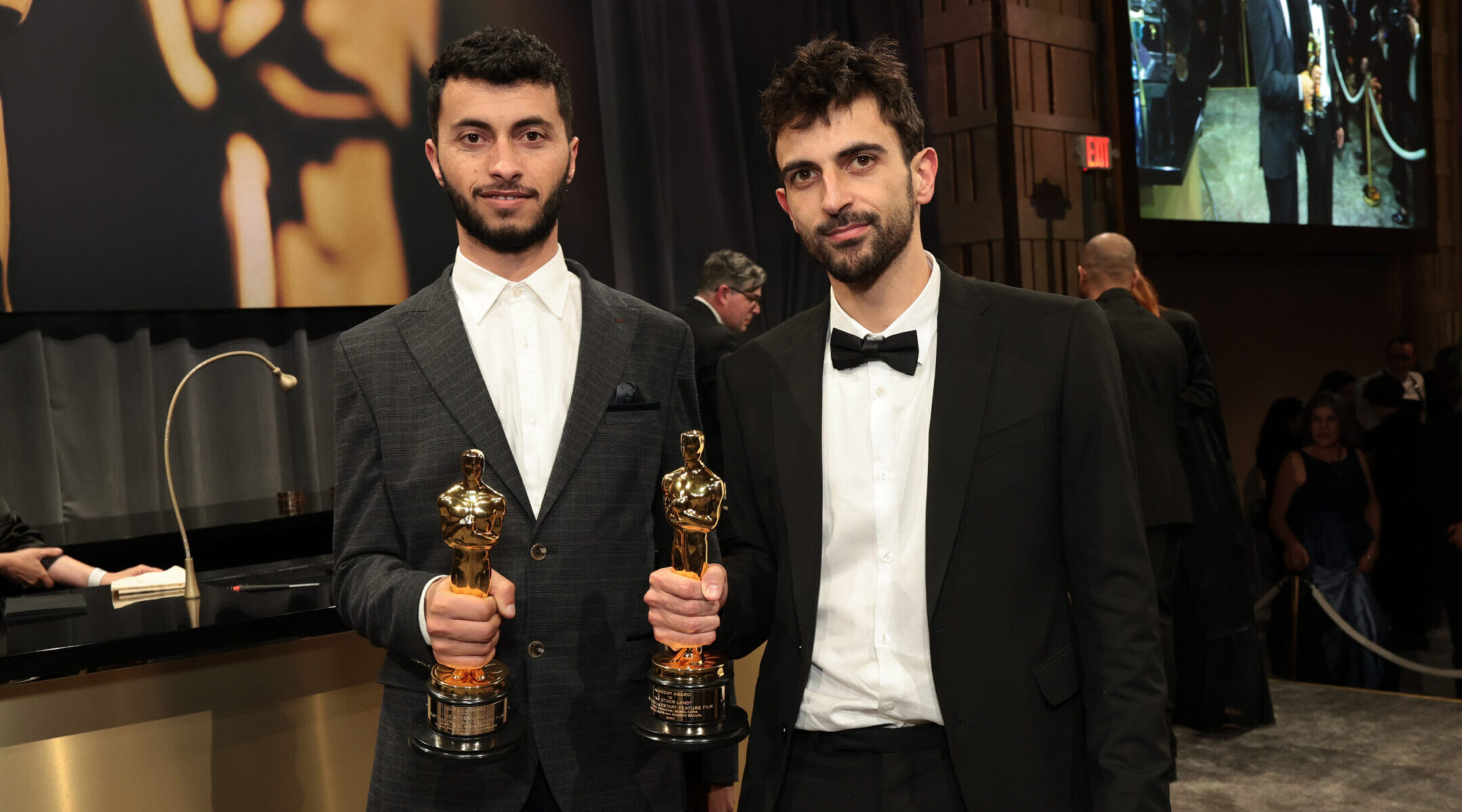 Basel Adra, left, and Yuval Abraham, winners of the best documentary feature award for “No Other Land,” attend the 97th Annual Oscars Governors Ball on March 2, 2025, in Hollywood. (Photo by Monica Schipper/Getty Images)