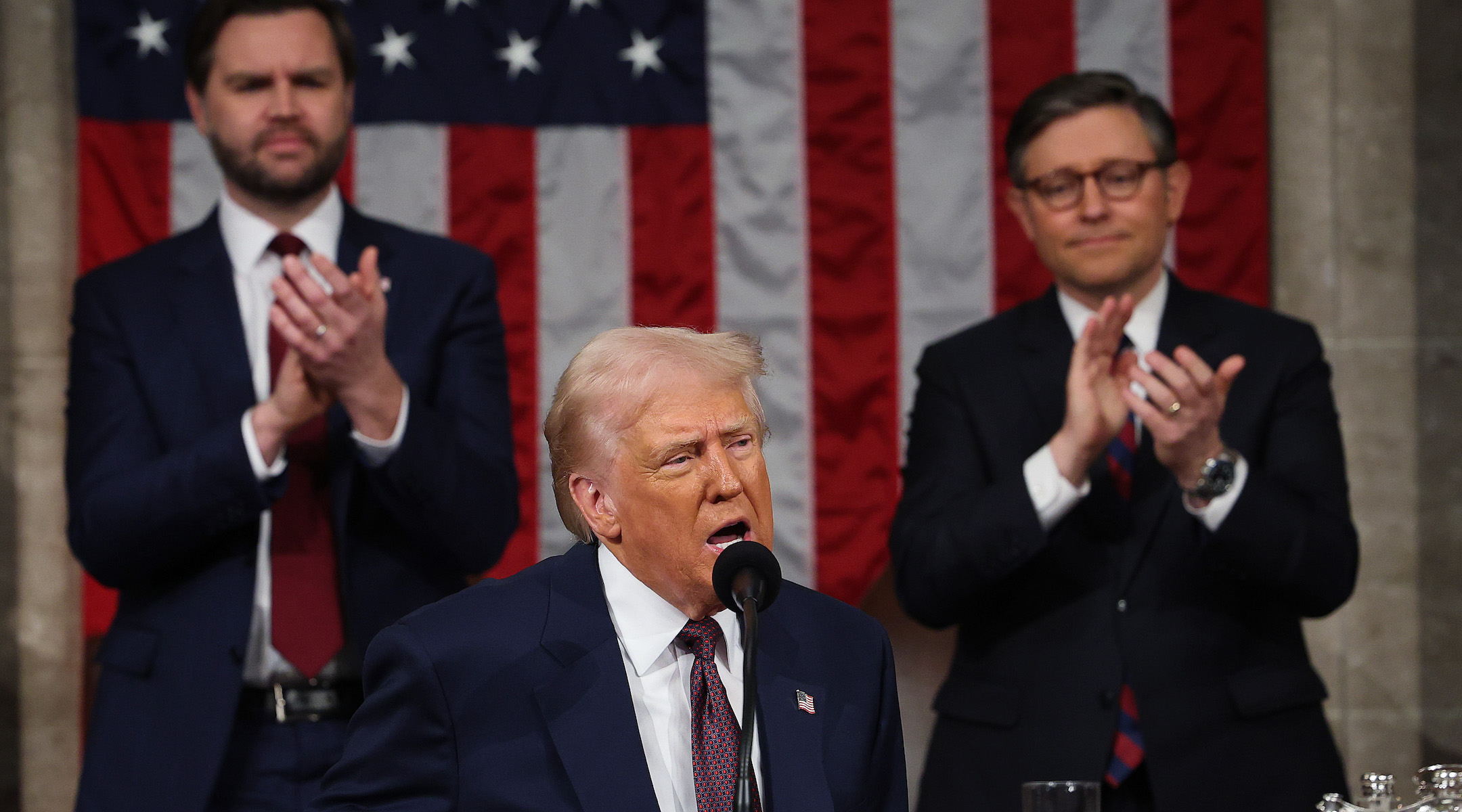 WASHINGTON, DC – MARCH 04: U.S. President Donald Trump addresses a joint session of Congress at the U.S. Capitol on March 04, 2025 in Washington, DC. Vice President JD Vance and Speaker of the House (R-LA) applaud behind. President Trump was expected to address Congress on his early achievements of his presidency and his upcoming legislative agenda. (Photo by Win McNamee/Getty Images)