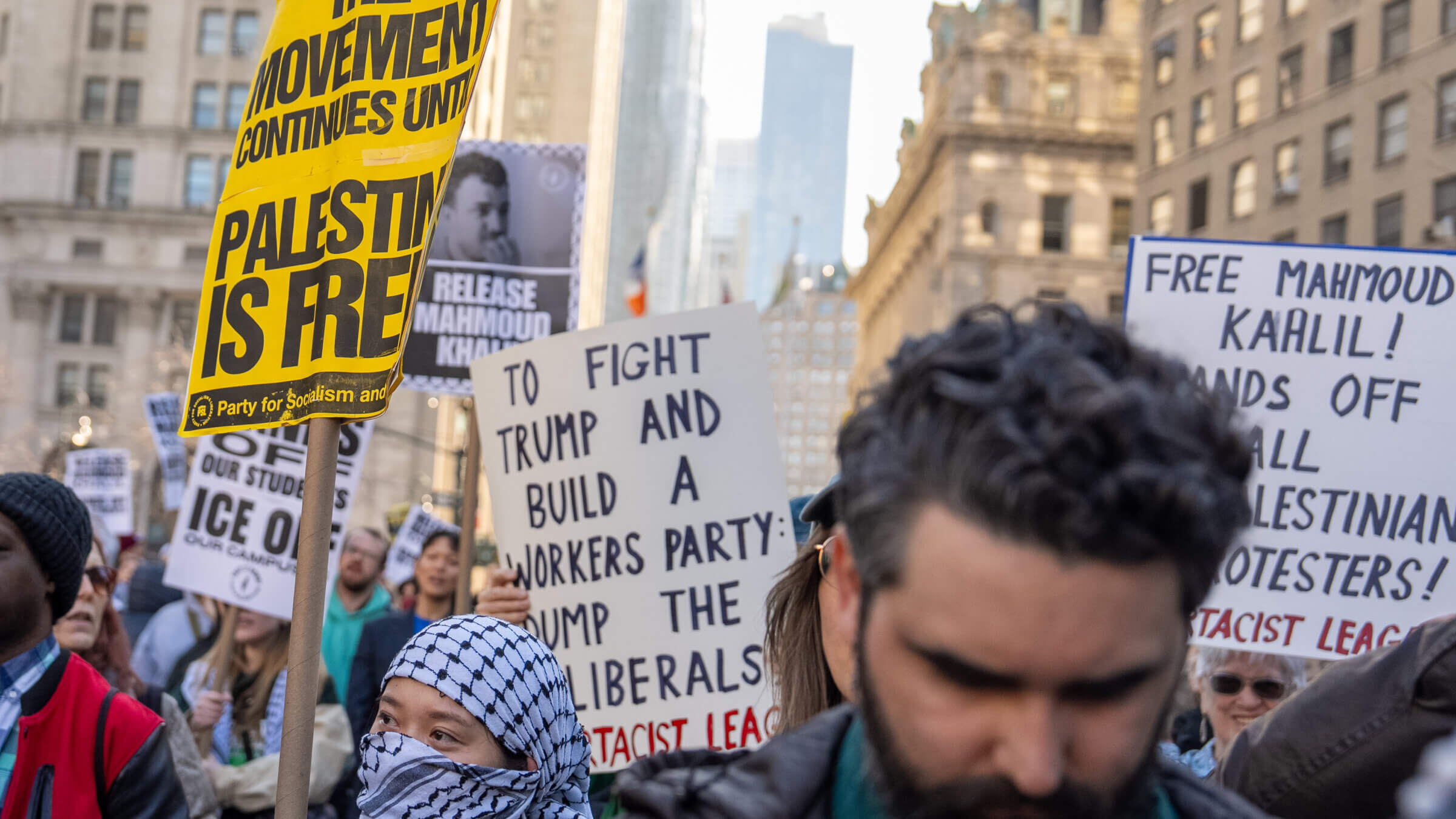 Protestors gather to demand the release of Mahmoud Khalil at Foley Square in New York City on Monday.