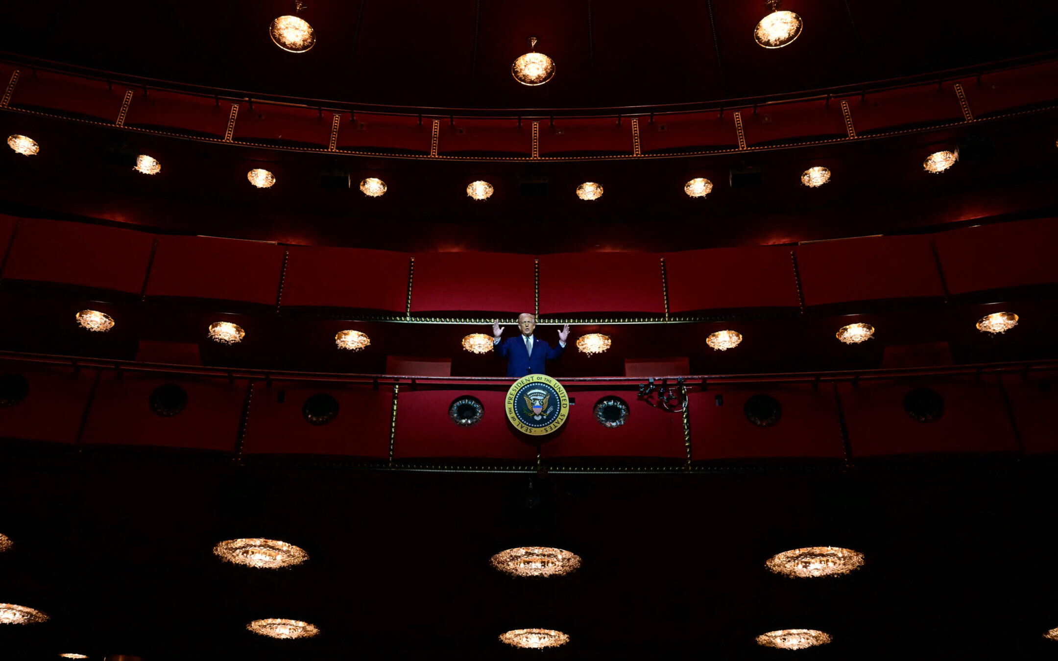 President Donald Trump stands in the presidential box as he visits the John F. Kennedy Center for the Performing Arts in Washington, D.C., on March 17, 2025. (Jim Watson/AFP via Getty Images)