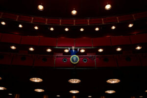 President Donald Trump stands in the presidential box as he visits the John F. Kennedy Center for the Performing Arts in Washington, D.C., on March 17, 2025. (Jim Watson/AFP via Getty Images)