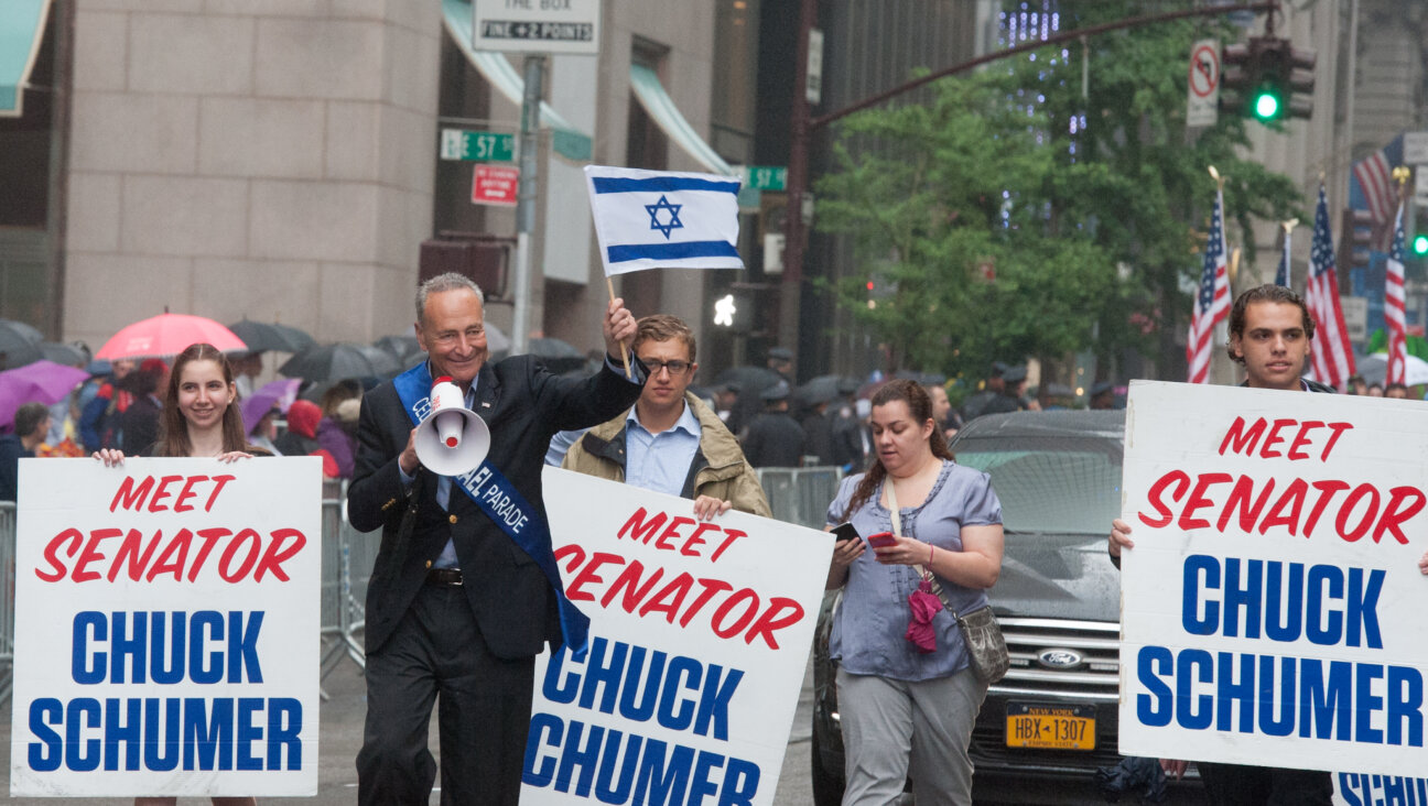 Chuck Schumer marches in the Celebrate Israel Parade in the rain on June 5, 2016 in New York City.