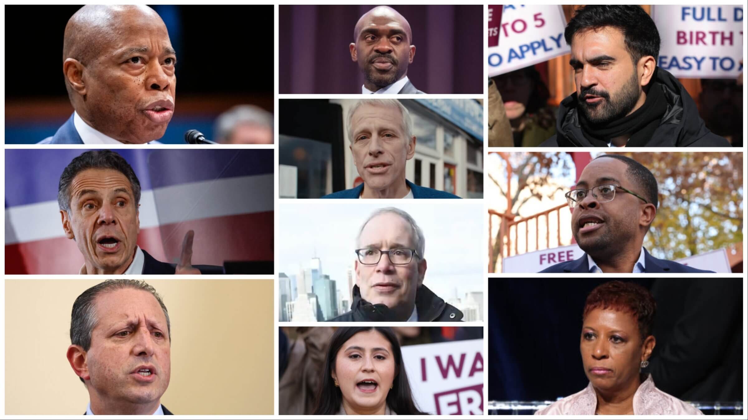 collage photo of NYC mayoral candidates (left to right) — Eric Adams, Andrew Cuomo, Brad Lander, Michael Blake, Whitney Tilson, Scott Stringer, Jessica Ramos, Zohran Mamdani, Zellnor Myrie and Adrienne Adams. 