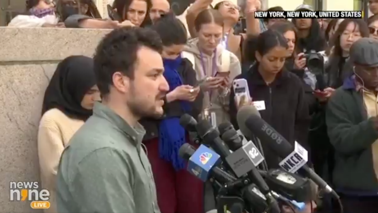 Mahmoud Khalil, a pro-Palestinian activist at Columbia who was arrested by ICE in March 2025, speaking to media. (Screenshot)