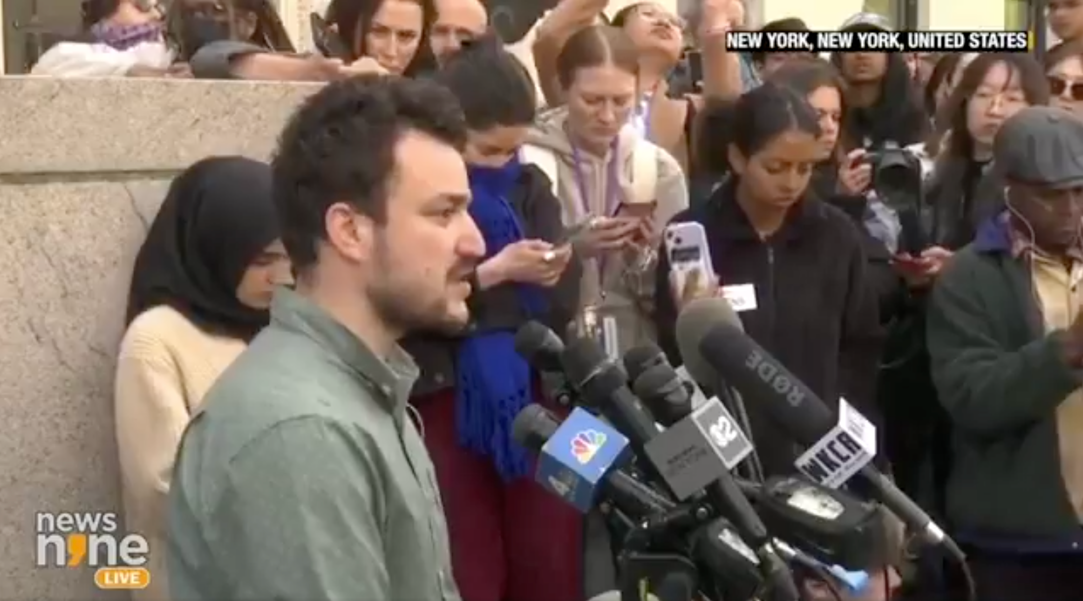 Mahmoud Khalil, a pro-Palestinian activist at Columbia who was arrested by ICE in March 2025, speaking to media. (Screenshot)