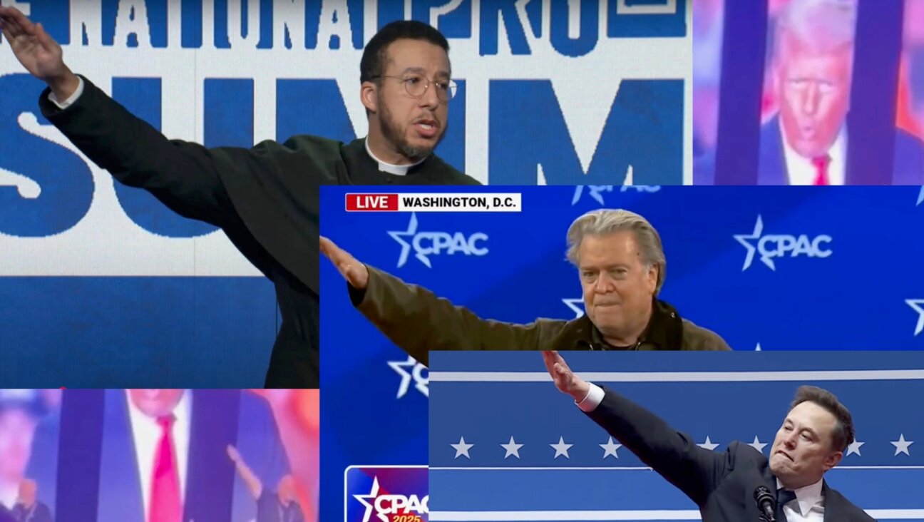 Straight-arm gestures were recently flashed by, counter-clockwise from lower right, White House special adviser Elon Musk, far-right podcaster Steve Bannon, Michigan Anglican priest Calvin Robinson, and the CEO of an Idaho-based construction company. (Images via YouTube)