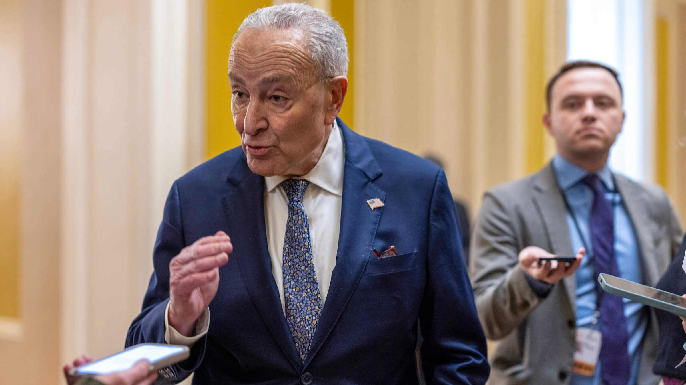 Senate Minority Leader Chuck Schumer (D-NY) speaks to reporters at the U.S. Capitol on March 14. 