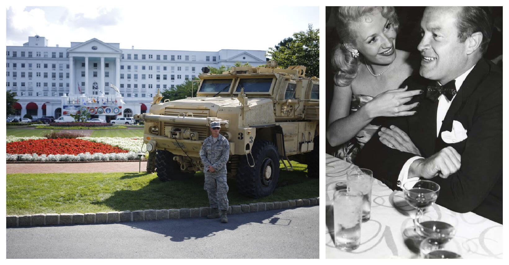 A solider stands in front of a armored vehicle outside the Greenbrier resort ahead of a Salute to Service dinner with President Donald Trump in 2018. At right, Bob Hope at the Greenbrier in 1953.