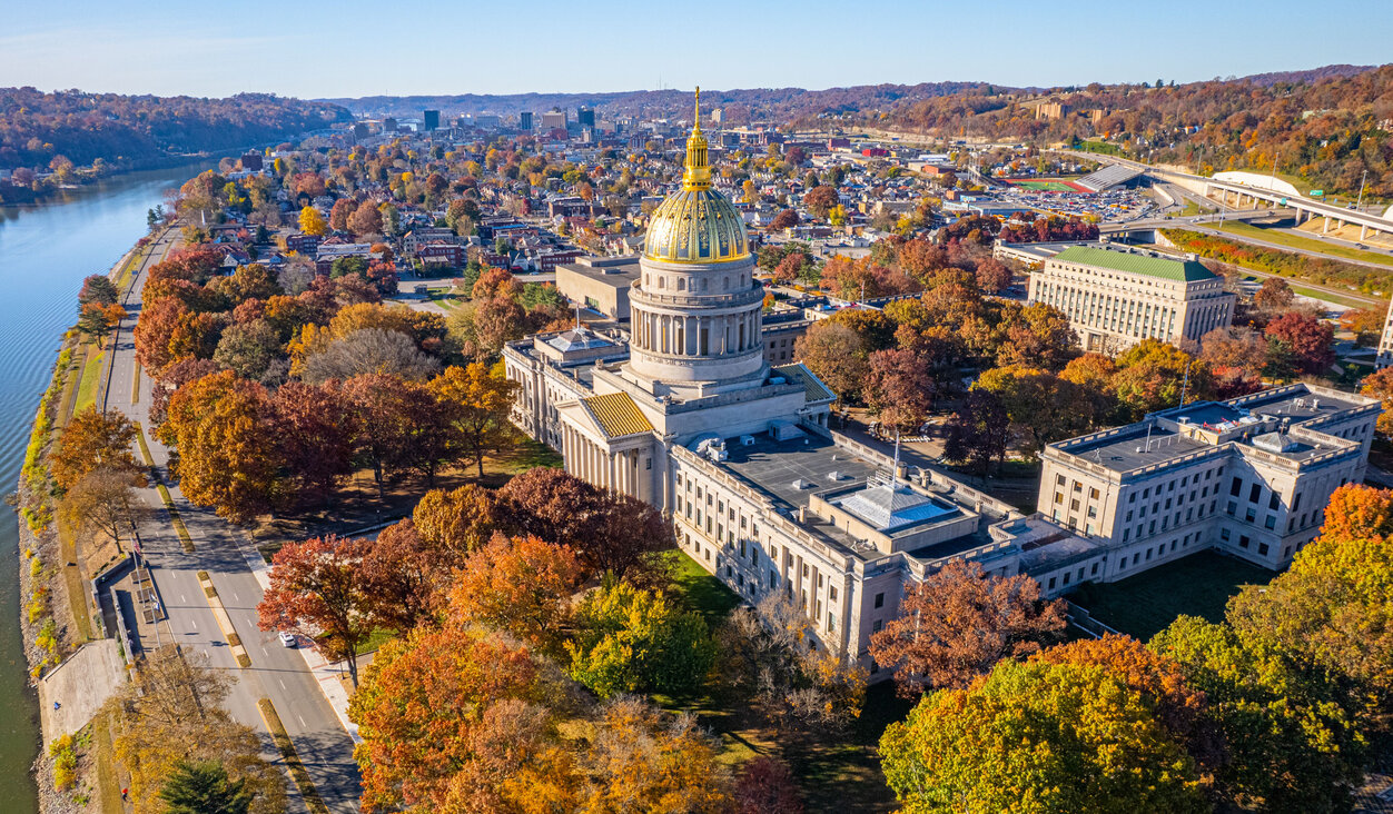 An aerial view of the West Virginia State Capitol Building in Charleston, West Virginia.