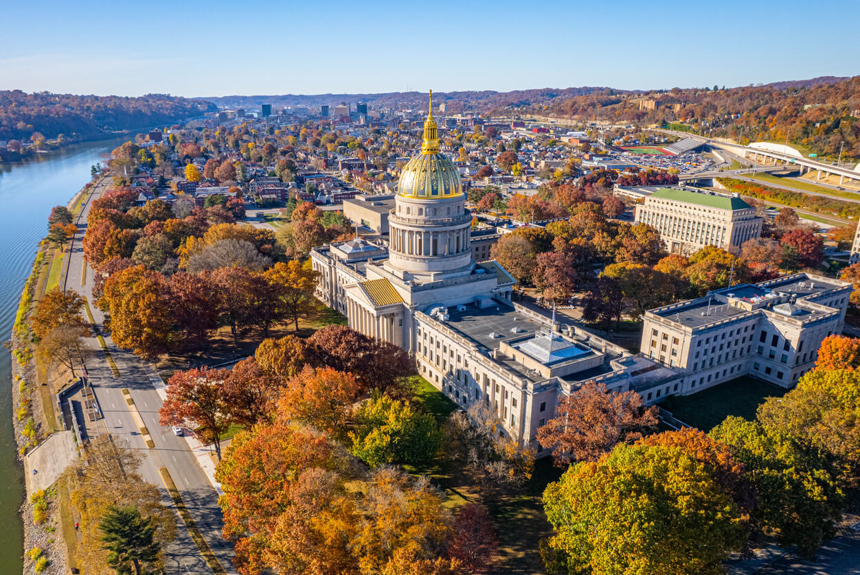 An aerial view of the West Virginia State Capitol Building in Charleston, West Virginia.