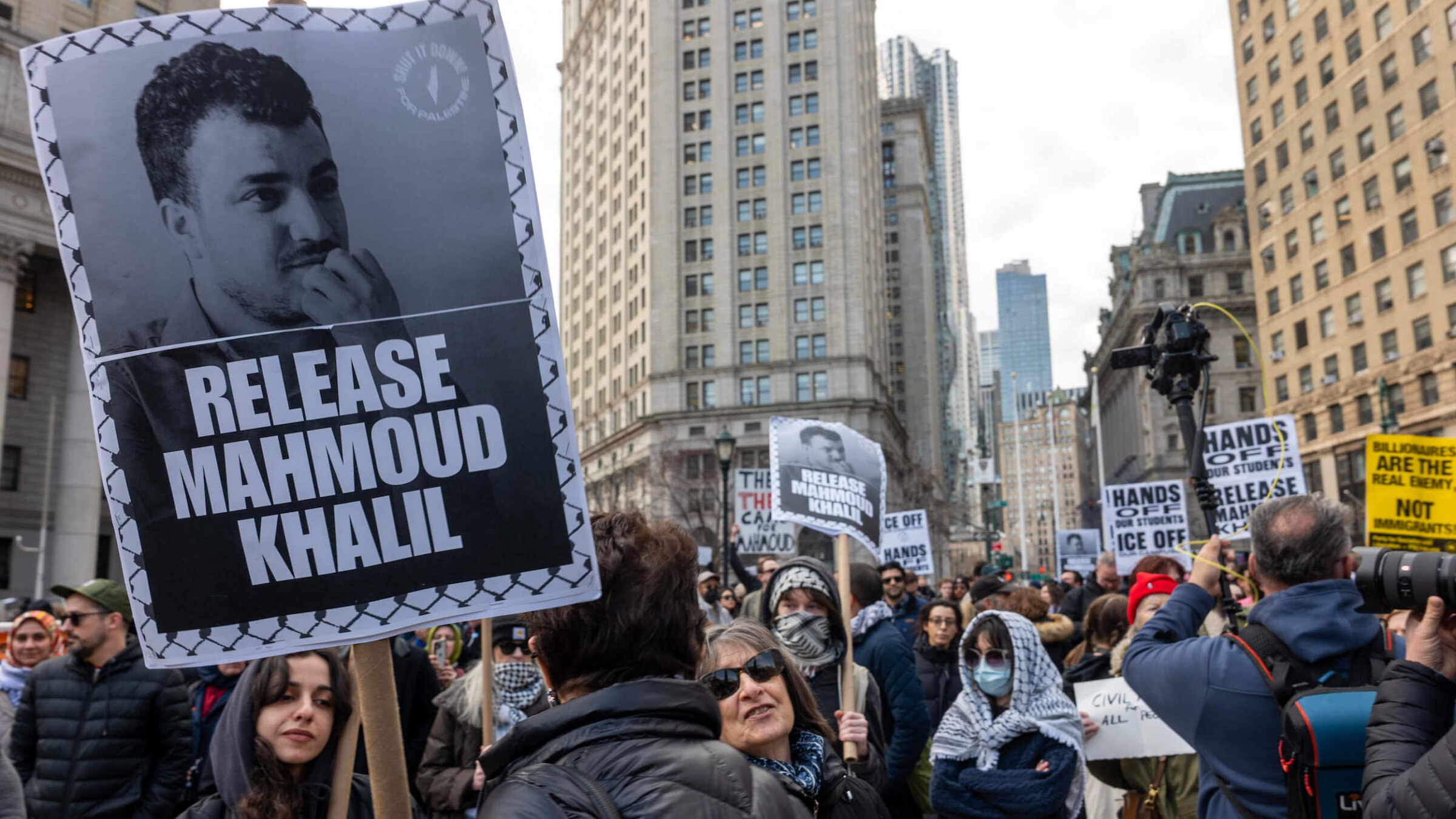 Demonstrators outside of a New York court protest the arrest and detention of Mahmoud Khalil, a green card holder and recent Columbia graduate who played a role in pro-Palestinian protests at the university, on March 12.