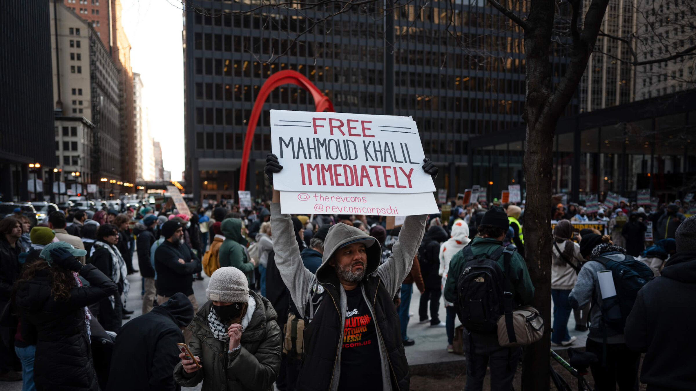 Activists march through downtown Chicago to show support for recent Columbia graduate Mahmoud Khalil, a green card holder recently arrested by ICE, on March 11.