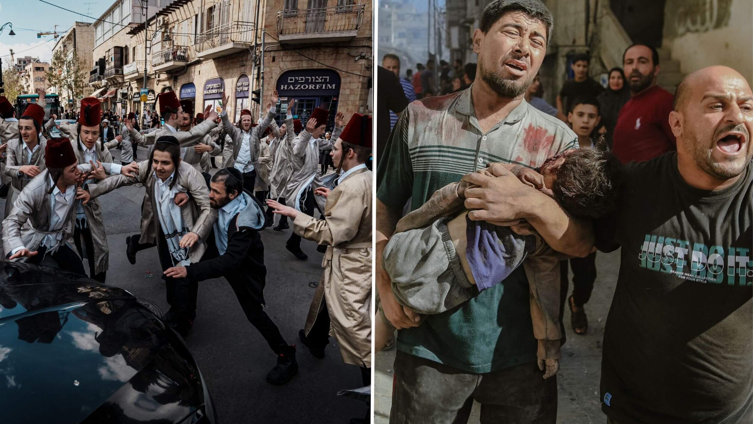 Left: Purim celebrations in Israel in 2024. Right: The aftermath of an Israeli airstrike in Gaza in October, 2023.