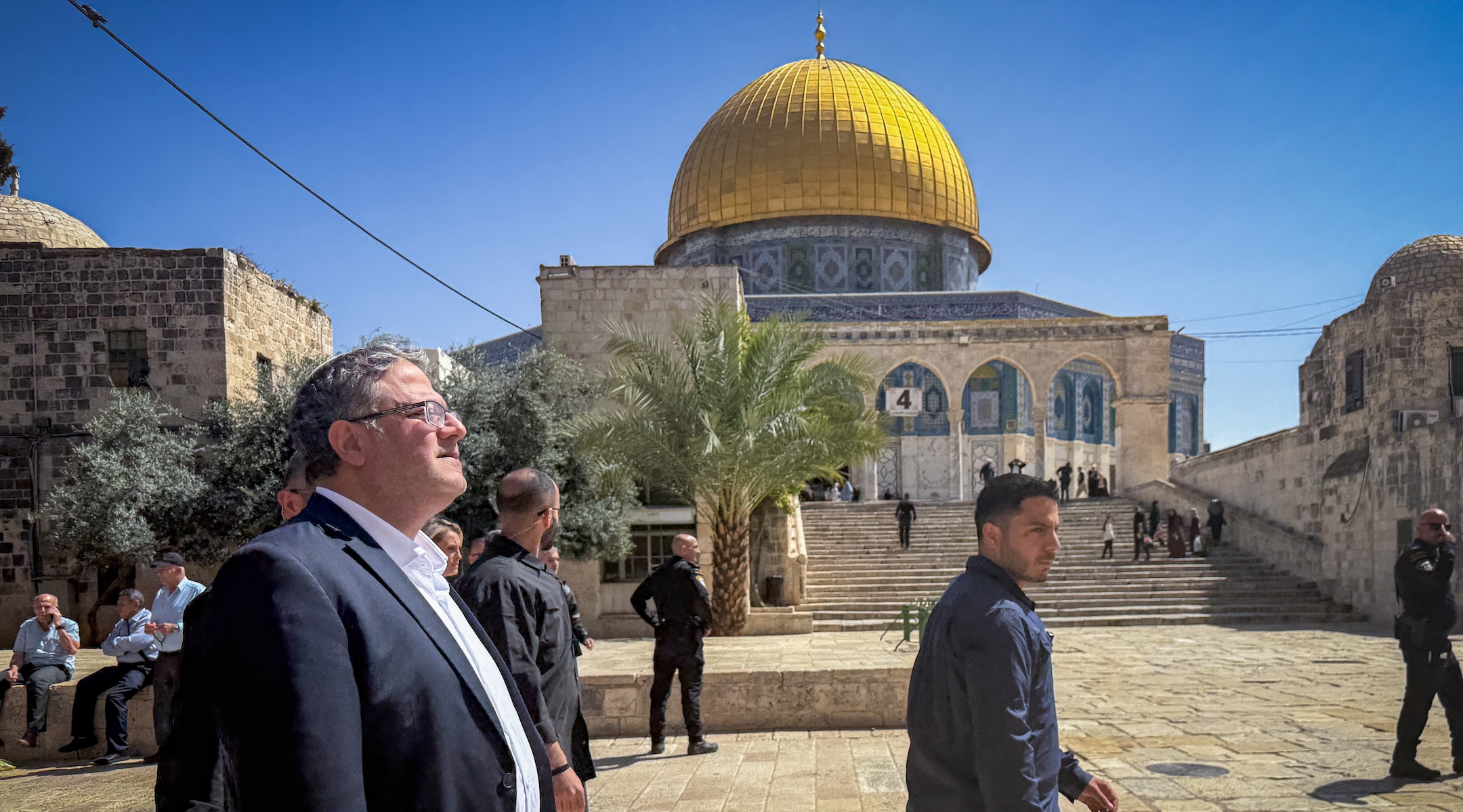 Israel’s National Security Minister Itamar Ben-Gvir visits the Temple Mount in Jerusalem’s Old City, April 2, 2025. (Yonatan Sindel/Flash90)