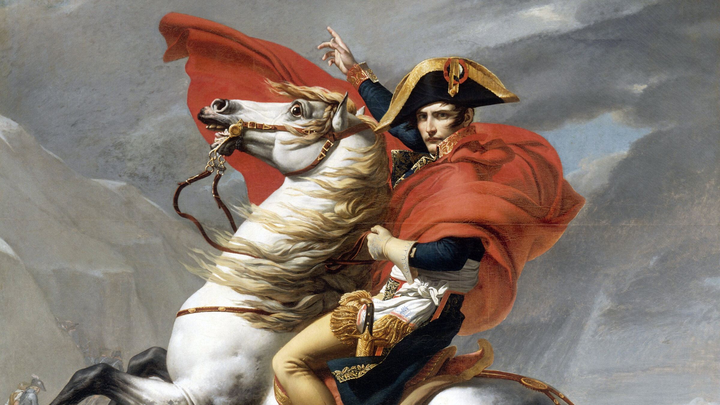 An image of 'Napoleon Crossing the Alps' by Jacques-Louis David, also known as romantic propaganda.