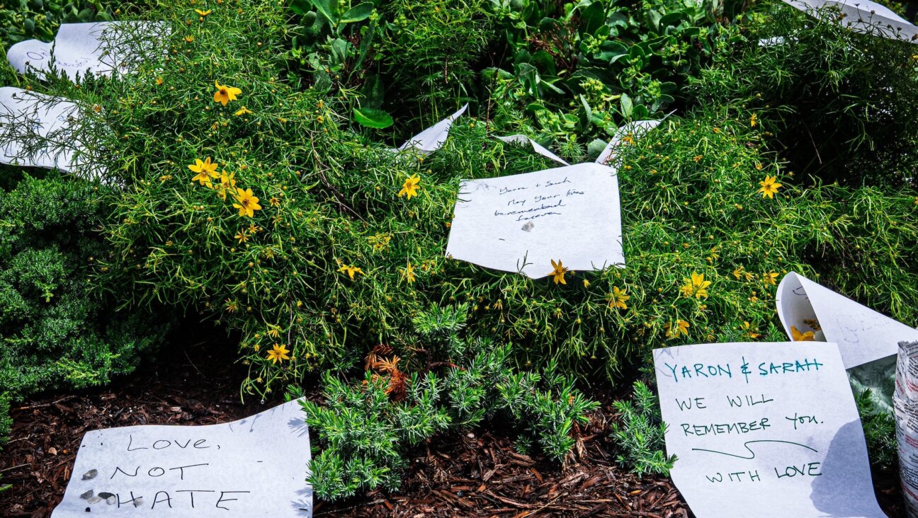 Notes remembering Sarah Milgrim and Yaron Lischinsky are left at a makeshift memorial outside the Capital Jewish Museum in Washington, D.C., where they were murdered on May 21, 2025. (Ted Eytan/Creative Commons)