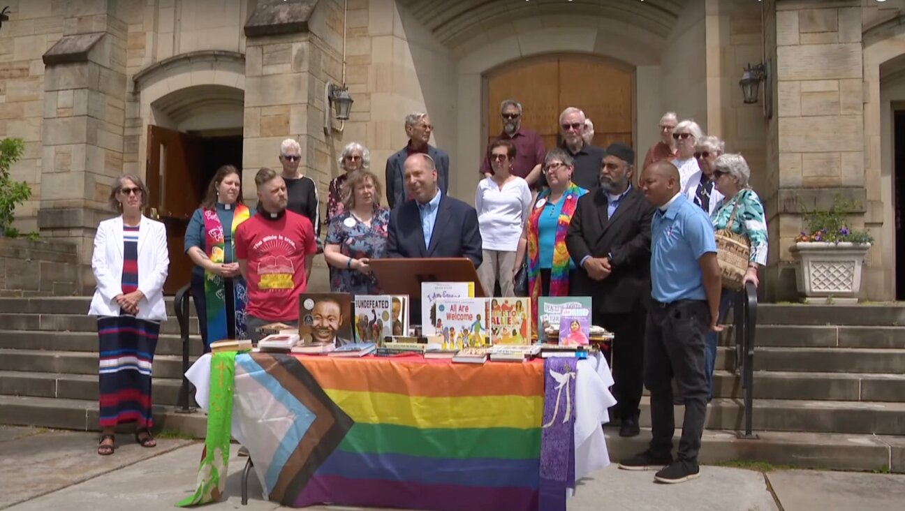 Rabbi Robert Nosanchuk speaks at an interfaith press conference condemning a man’s recent burning of books on Jewish history and other topics, Beachwood, Ohio, May 12, 2025. (WKYC Cleveland/ Screenshot via YouTube)