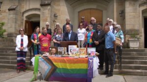 Rabbi Robert Nosanchuk speaks at an interfaith press conference condemning a man’s recent burning of books on Jewish history and other topics, Beachwood, Ohio, May 12, 2025. (WKYC Cleveland/ Screenshot via YouTube)