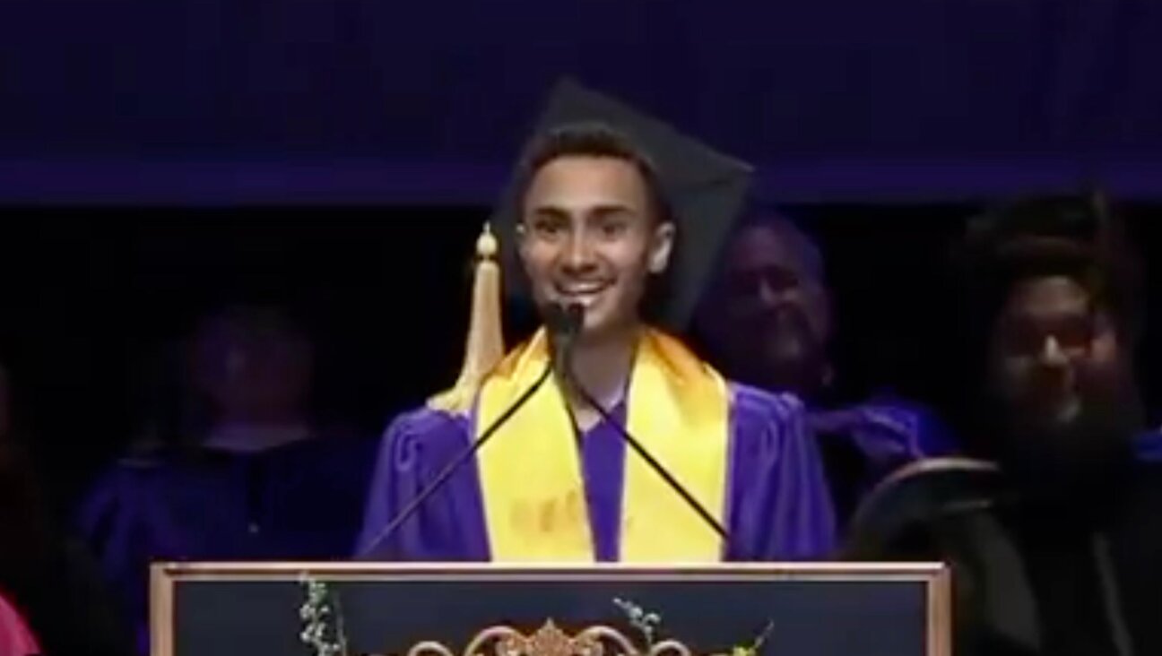 Logan Rozos, a New York University student commencement speaker, denounces “atrocities currently happening in Palestine” during his talk, May 14, 2025. NYU revoked his diploma over the speech. (Screenshot via X)