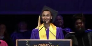 Logan Rozos, a New York University student commencement speaker, denounces “atrocities currently happening in Palestine” during his talk, May 14, 2025. NYU revoked his diploma over the speech. (Screenshot via X)