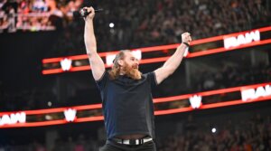 Professional WWE wrestler Sami Zayn hypes up the crowd during “Monday Night Raw” at T-Mobile Arena on April 21, 2025 in Las Vegas, Nevada. (Mike Marques/WWE via Getty Images)