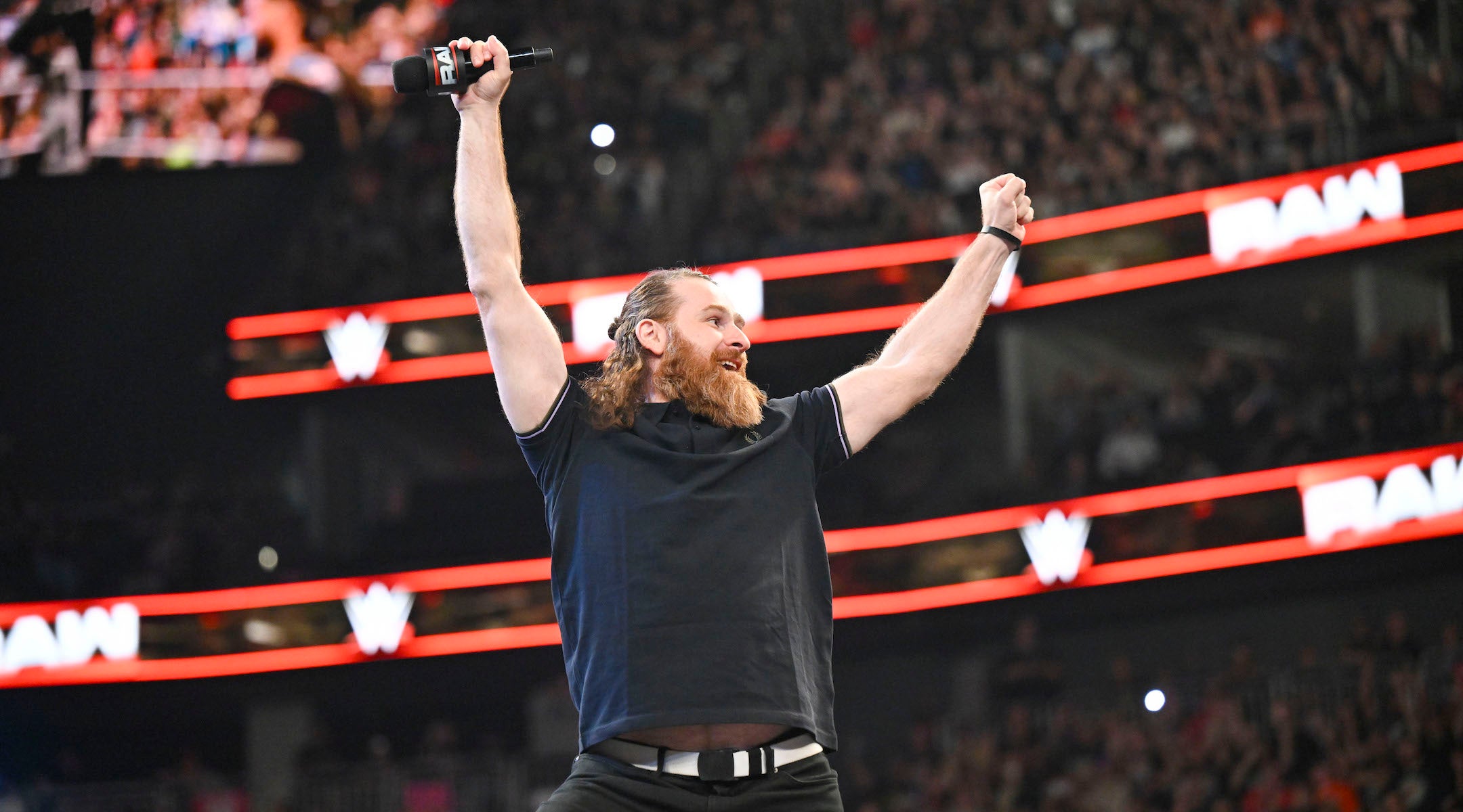 Professional WWE wrestler Sami Zayn hypes up the crowd during “Monday Night Raw” at T-Mobile Arena on April 21, 2025 in Las Vegas, Nevada. (Mike Marques/WWE via Getty Images)