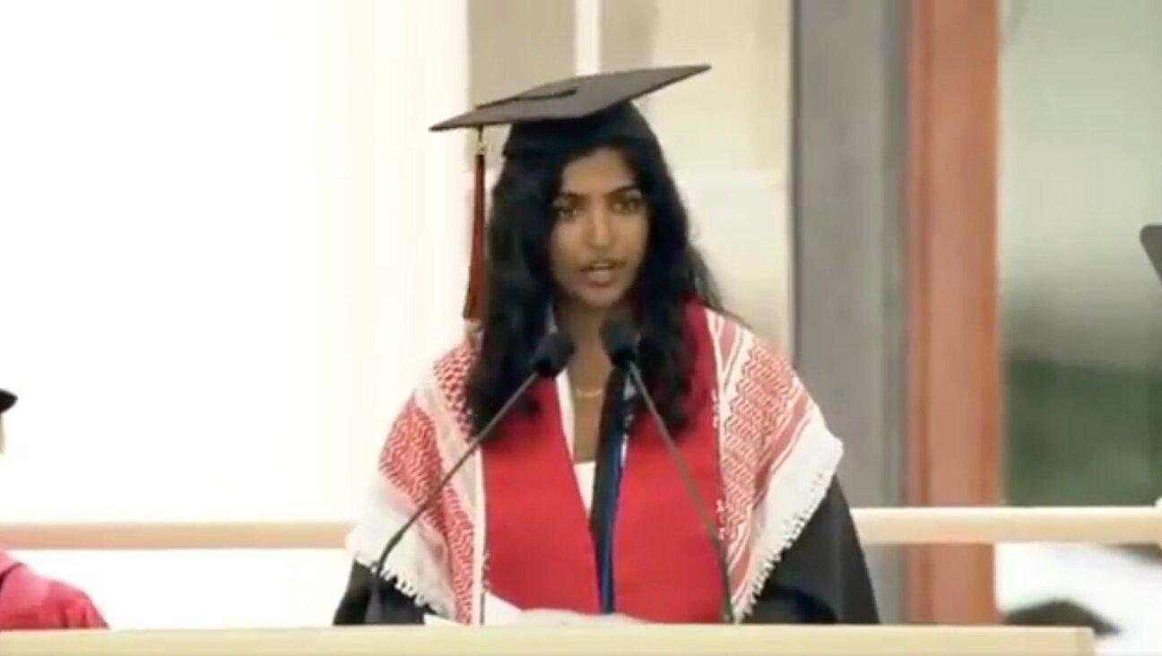 Megha Vemuri, student class president at the Massachusetts Institute of Technology, denounces the school’s ties to Israel during her 2025 commencement address, May 29, 2025, in Cambridge, Massachusetts. (Screenshot via X)