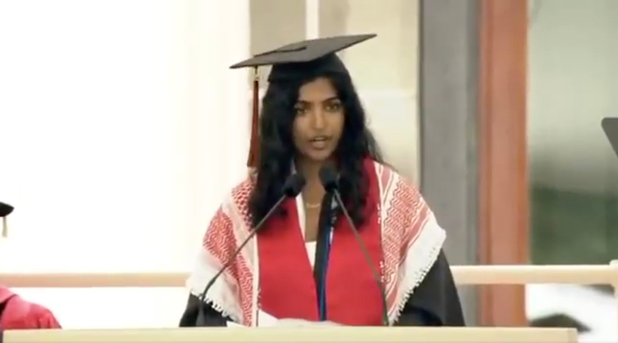 Megha Vemuri, student class president at the Massachusetts Institute of Technology, denounces the school’s ties to Israel during her 2025 commencement address, May 29, 2025, in Cambridge, Massachusetts. (Screenshot via X)