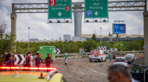 Israeli security forces at the site where a missile fired from Yemen hit an area of Ben Gurion Airport, May 4, 2025. (Chaim Goldberg/Flash90)