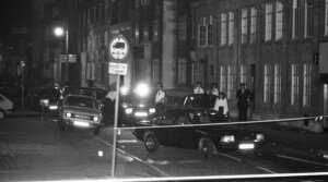 The crime scene after Shlomo Argov, the Israeli ambassador to the United Kingdom, was shot in the head after leaving a banquet at the Dorchester Hotel in London, June 3, 1982. The attempt on Argov’s life was used by Israel as grounds for the 1982 Lebanon War. (Bunny Atkins/Mirropix/Getty Images)