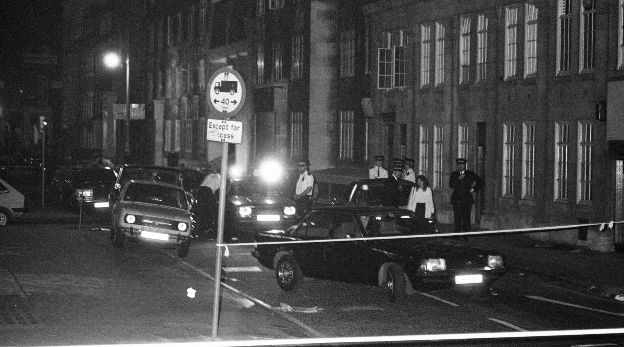 The crime scene after Shlomo Argov, the Israeli ambassador to the United Kingdom, was shot in the head after leaving a banquet at the Dorchester Hotel in London, June 3, 1982. The attempt on Argov’s life was used by Israel as grounds for the 1982 Lebanon War. (Bunny Atkins/Mirropix/Getty Images)