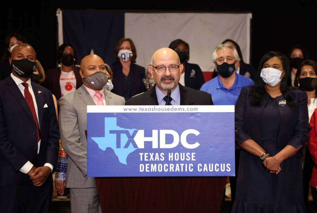 Texas State Rep. Jon Rosenthal, joined by fellow Democratic Texas state representatives, speaks at a 2021 press conference in Washington, D.C.