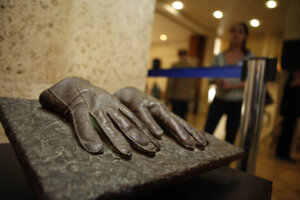 A replica of the gloves that were used by an Israeli Mossad agent during the capturing of Adolf Eichmann in Argentina in 1960 is displayed at an exhibition at the Knesset in Jerusalem.