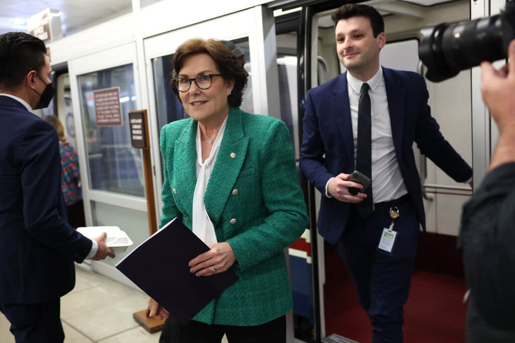 Sen. Jacky Rosen walks off the Senate subway at the U.S. Capitol on May 2, 2023.