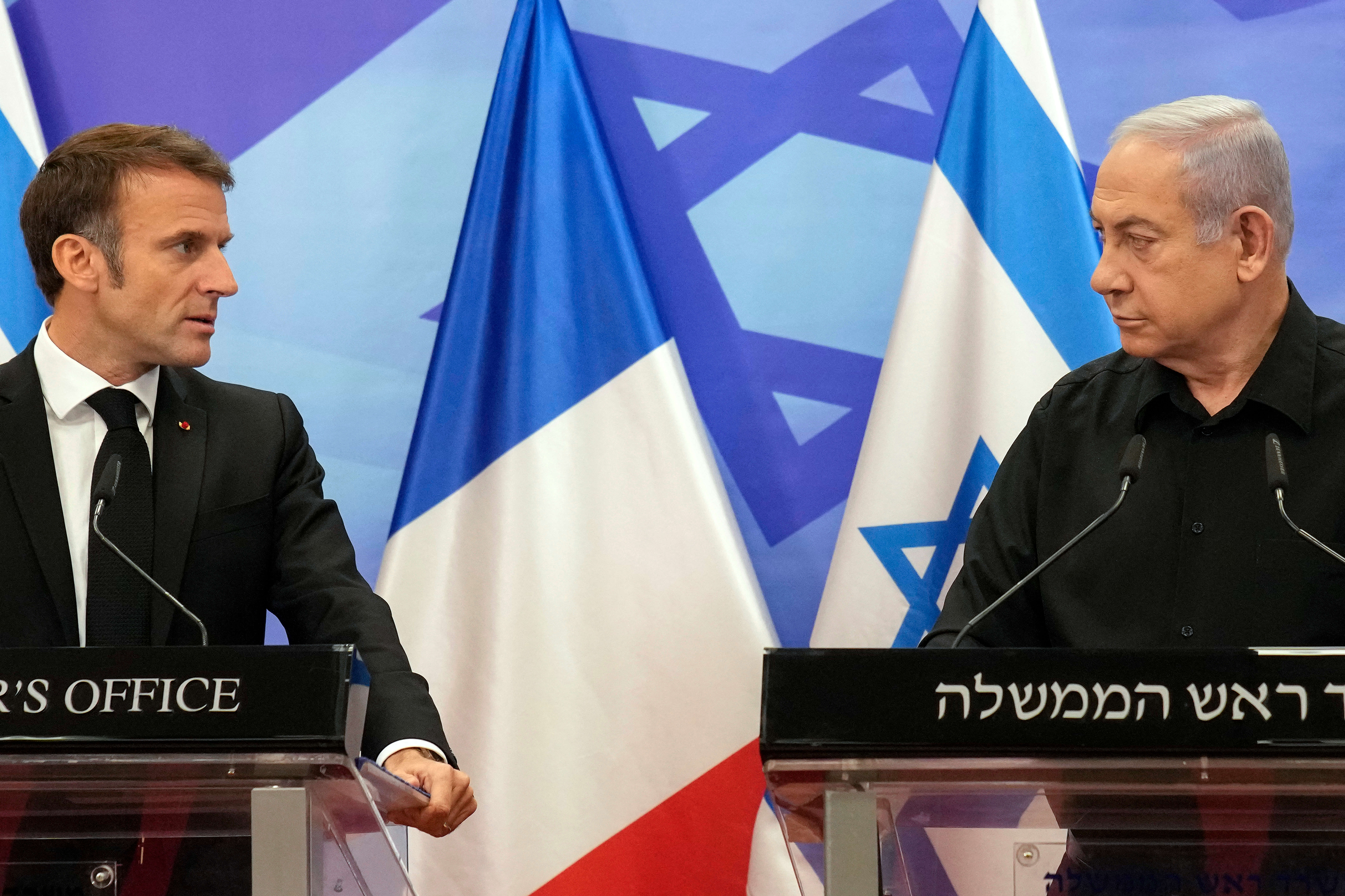 French president Emmanuel Macron and Israeli prime minister Benjamin Netanyahu.