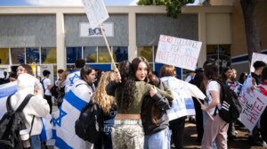 Jewish students at El Camino Real Charter High School walk out to protesting antisemitic incidents at the Los Angeles school on Feb. 27, 2024. (Sarah Reingewirtz/MediaNews Group/Los Angeles Daily News via Getty Images)