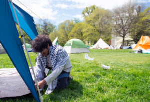 Demonstrators occupy a makeshift protest camp at Swarthmore College on April 24, 2024. A year later, the encampment was recreated.