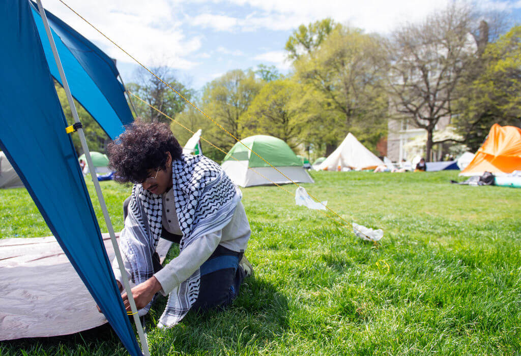Demonstrators occupy a makeshift protest camp at Swarthmore College on April 24, 2024. A year later, the encampment was recreated.