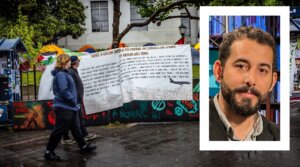 A sign with the poem “What A Gazan Should Do During An Israeli Air Strike,” by Mosab Abu Toha (inset) is seen at the University of California, Berkeley, pro-Palestinian student encampment, May 4, 2024. (Jay L. Clendenin/Getty Images)