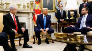 Israeli Prime Minister Benjamin Netanyahu, U.S. President Donald Trump, U.S. National Security Adviser Michael Waltz, and U.S. Vice President JD Vance appear during a meeting in the Oval Office of the White House on February 4, 2025, in Washington, D.C. (Anna Moneymaker/Getty Images)