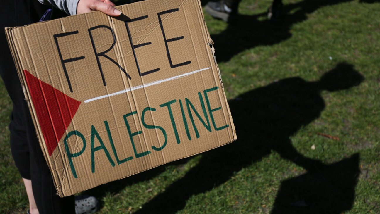 A demonstrator carries a Free Palestine sign at a youth march in London, April 5, 2025. (Martin Pope/SOPA Images/LightRocket via Getty Images)
