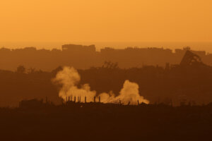 This picture taken from a position in southern Israel along the border with the Gaza Strip on May 6, 2025, shows smoke billowing from explosions in Gaza. 