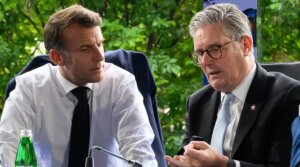 France’s President Emmanuel Macron and Britain’s Prime Minister Keir Starmer speak in Tirana, Albania, May 16, 2025. (Leon Neal/Getty Images)