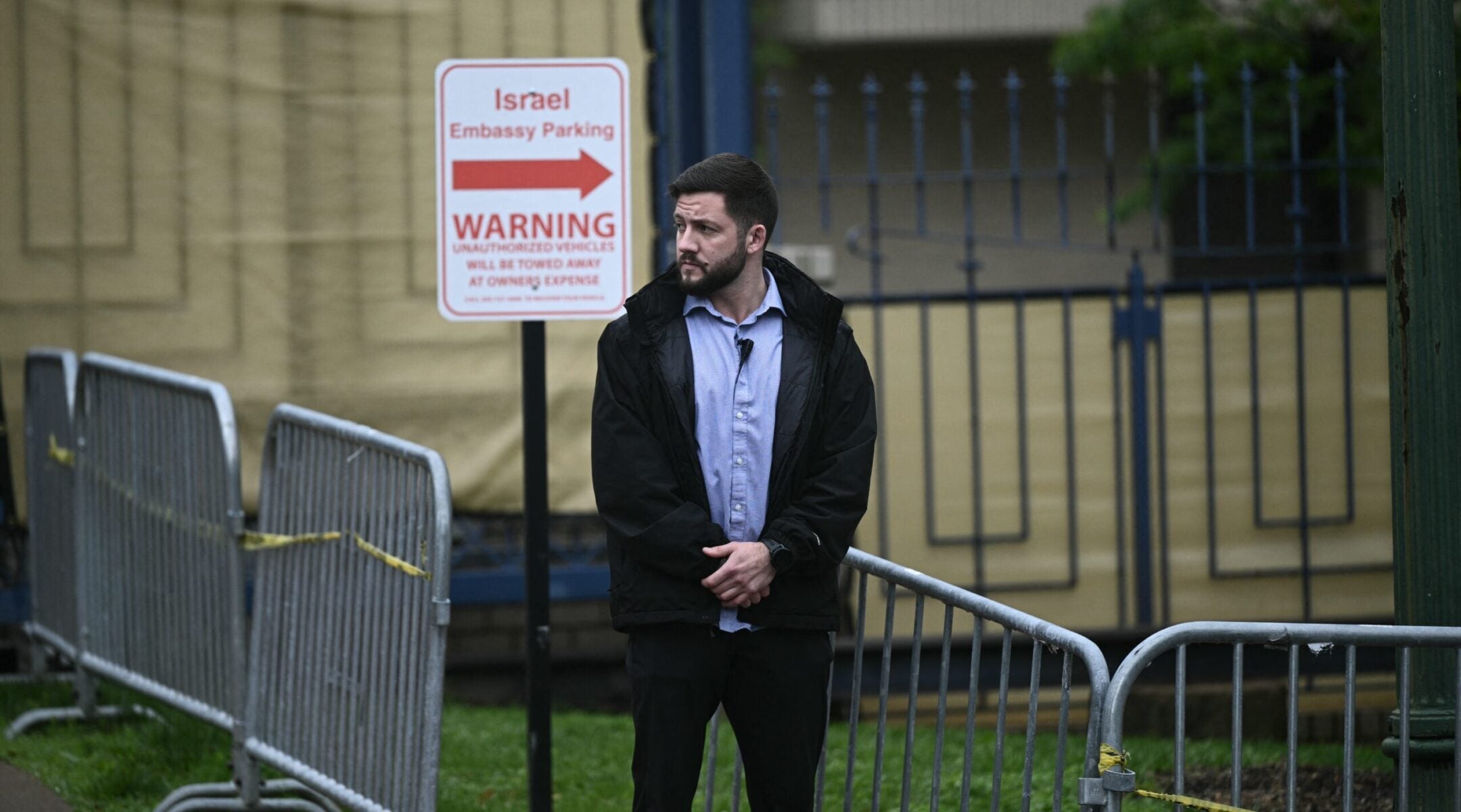 Security officers surround the Israeli Embassy in Washington, DC, on May 22, 2025, following a shooting that left two people dead outside the Capital Jewish Museum the day before. (Brendan Smialowski/AFP via Getty Images)