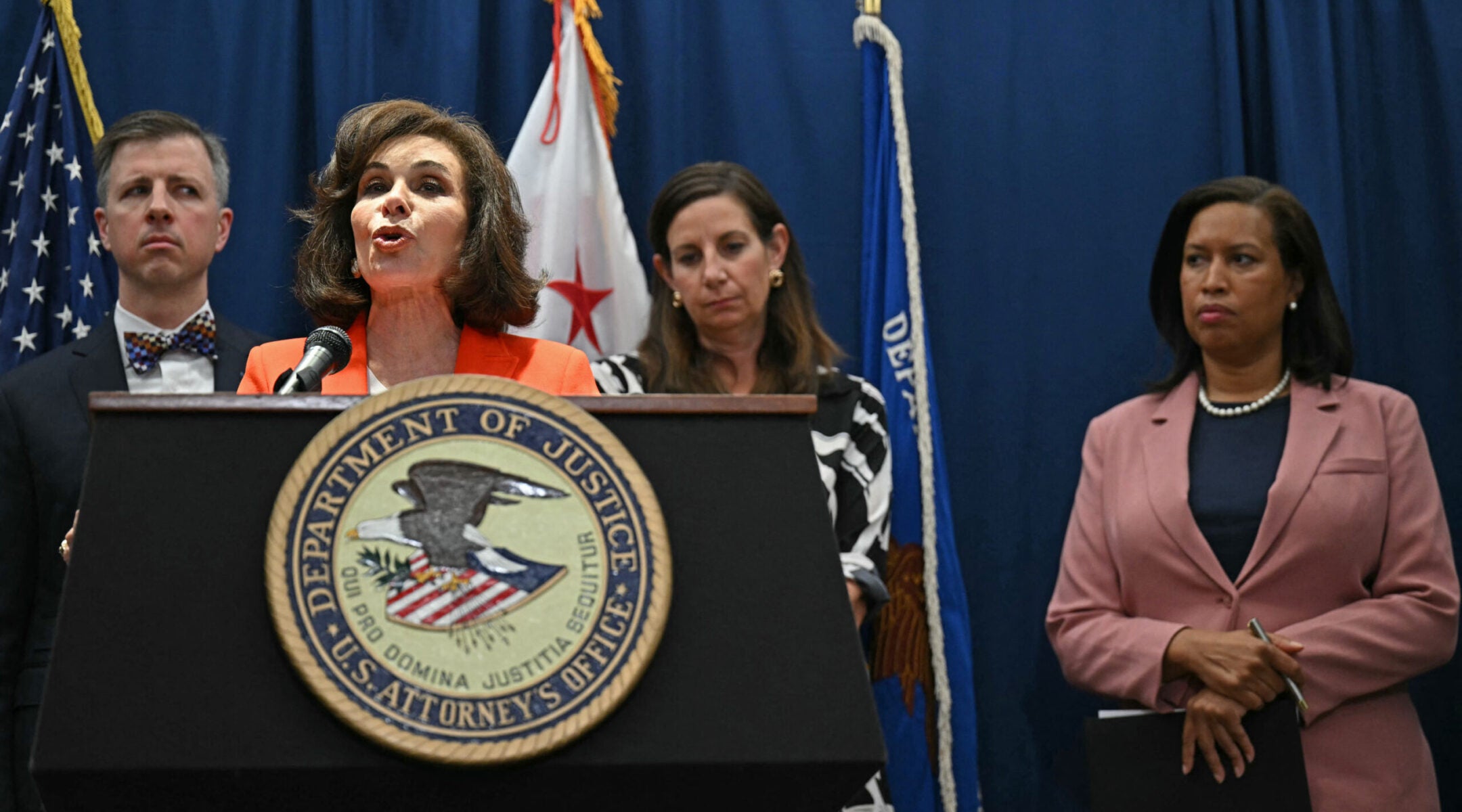 Interim U.S. Attorney Jeanine Pirro speaks during a press update on a shooting of two Israeli embassy staffers, at the U.S. Department of Justice in Washington, D.C., May 22, 2025. (Drew Angerer/AFP via Getty Images)