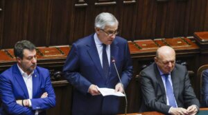 Italy’s foreign minister, Antonio Tajani, at center, speaks during a briefing of the Italian government on the situation in the Gaza in the Chamber of Deputies in Rome, Italy, May 28, 2025. (Riccardo De Luca/Anadolu via Getty Images)