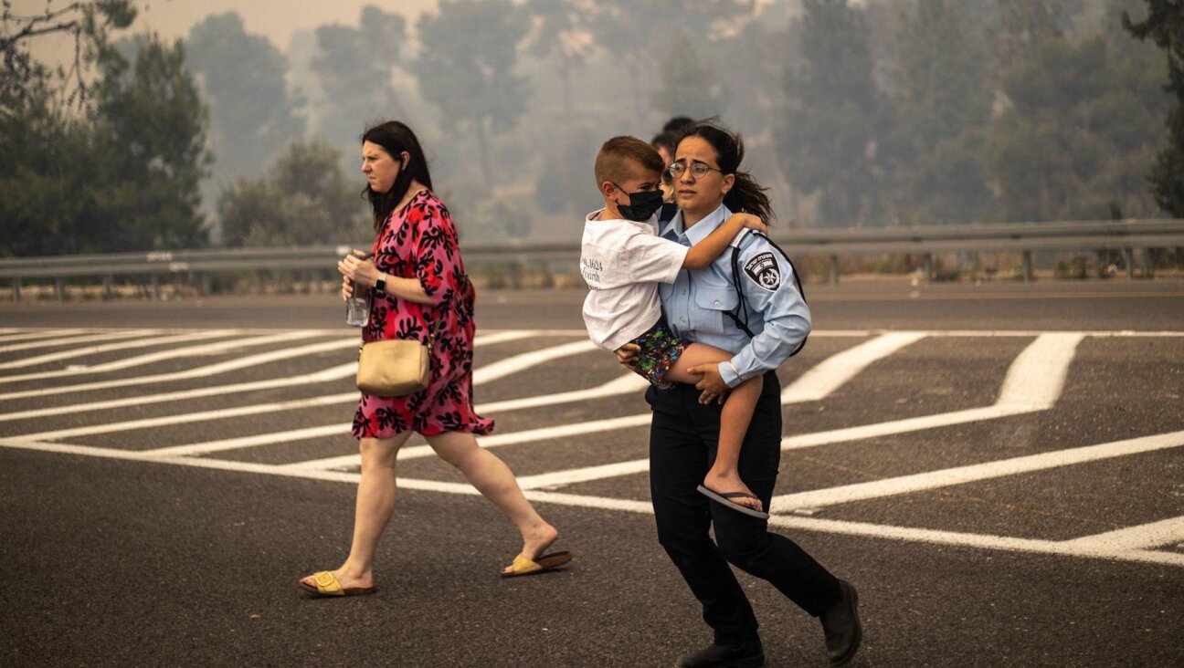 An Israeli police officer evacuates a child from the wildfires. (Israel Police/X)