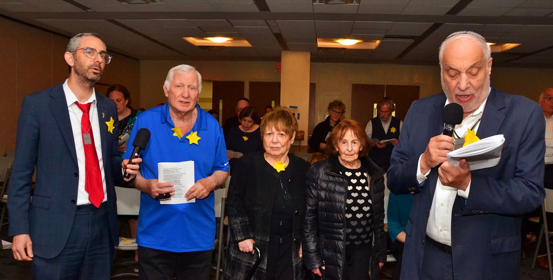(From left): Hebrew Institute Rabbi Steven Exler; Holocaust survivors Leo Scheiner, his sister Doris Seaman and Evelyne Appel, and HIR founder Rabbi Avi Weiss